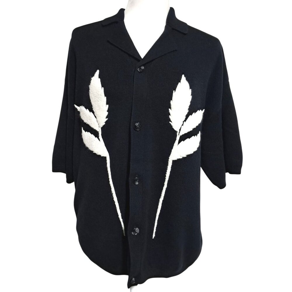 Topman Cardigan Sweater Mens S Oversized Black with White Textured Leaf Button D